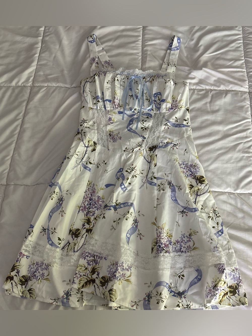 Lace-Trim White Floral Ribbon Mini Dress
